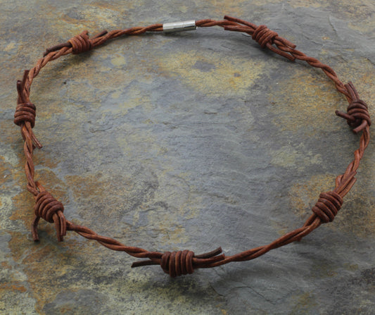 Light Brown leather Barbed wire Necklaces