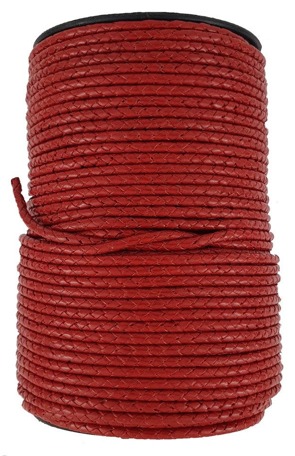 Red braided leather cord 4 mm round.